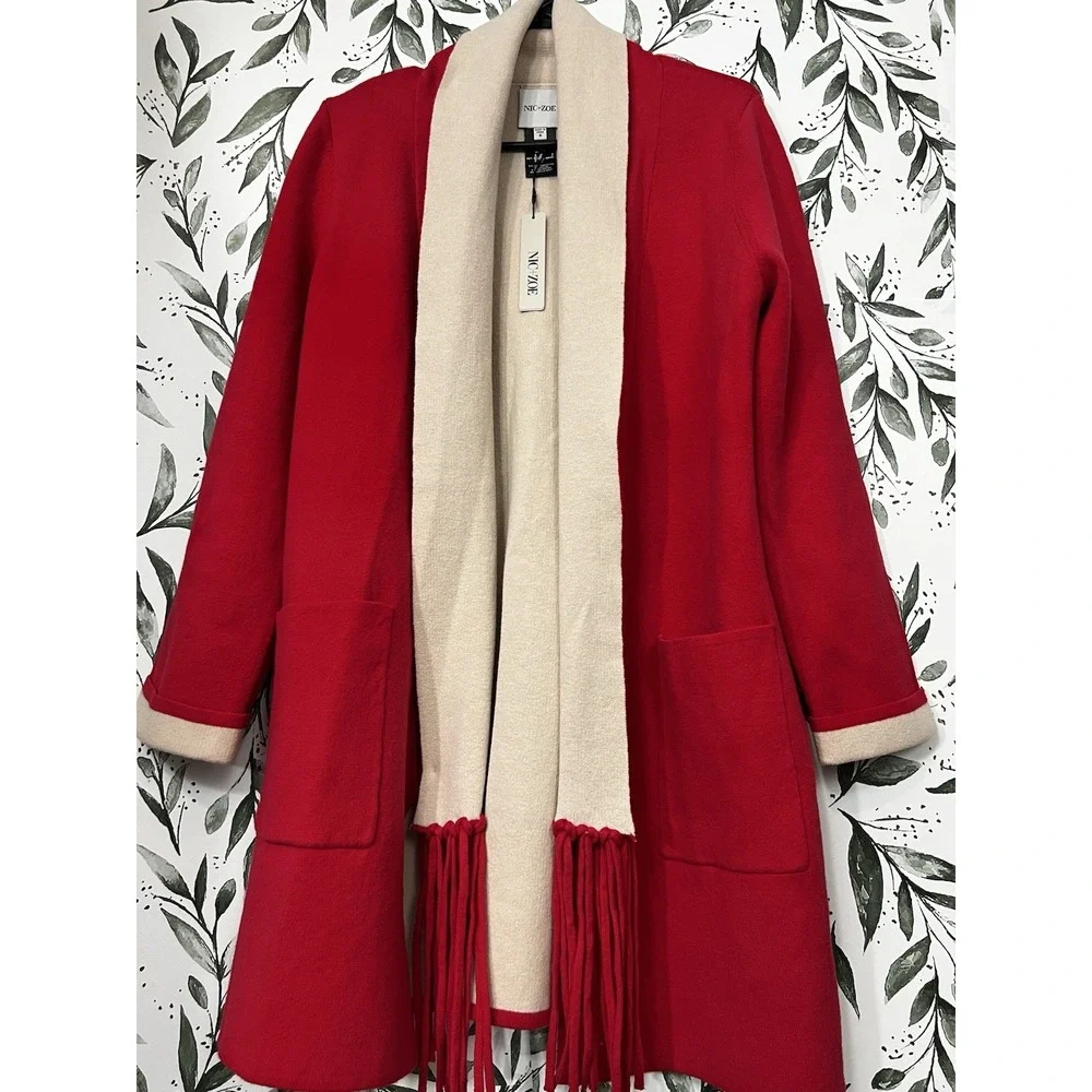 NIC+ZOE Cool Nights Reversible Fringe Jacket Red Tan Sz S Elegant Classic #A